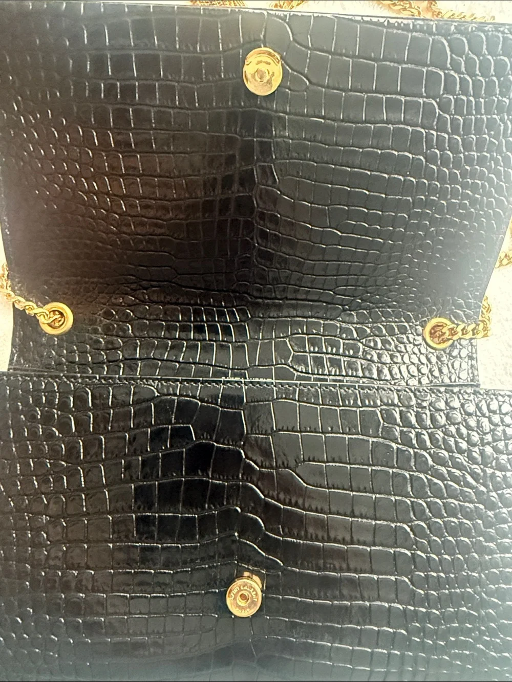 Saint Laurent Black Croc-Embossed Shoulder Bag with Gold Chain and YSL Tassel